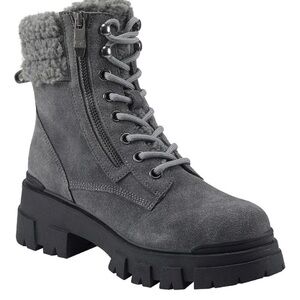 $150 Marc Fisher Aboli Suede Faux Fur Trim Lug Sole Gray Grey Booties Size 7.5